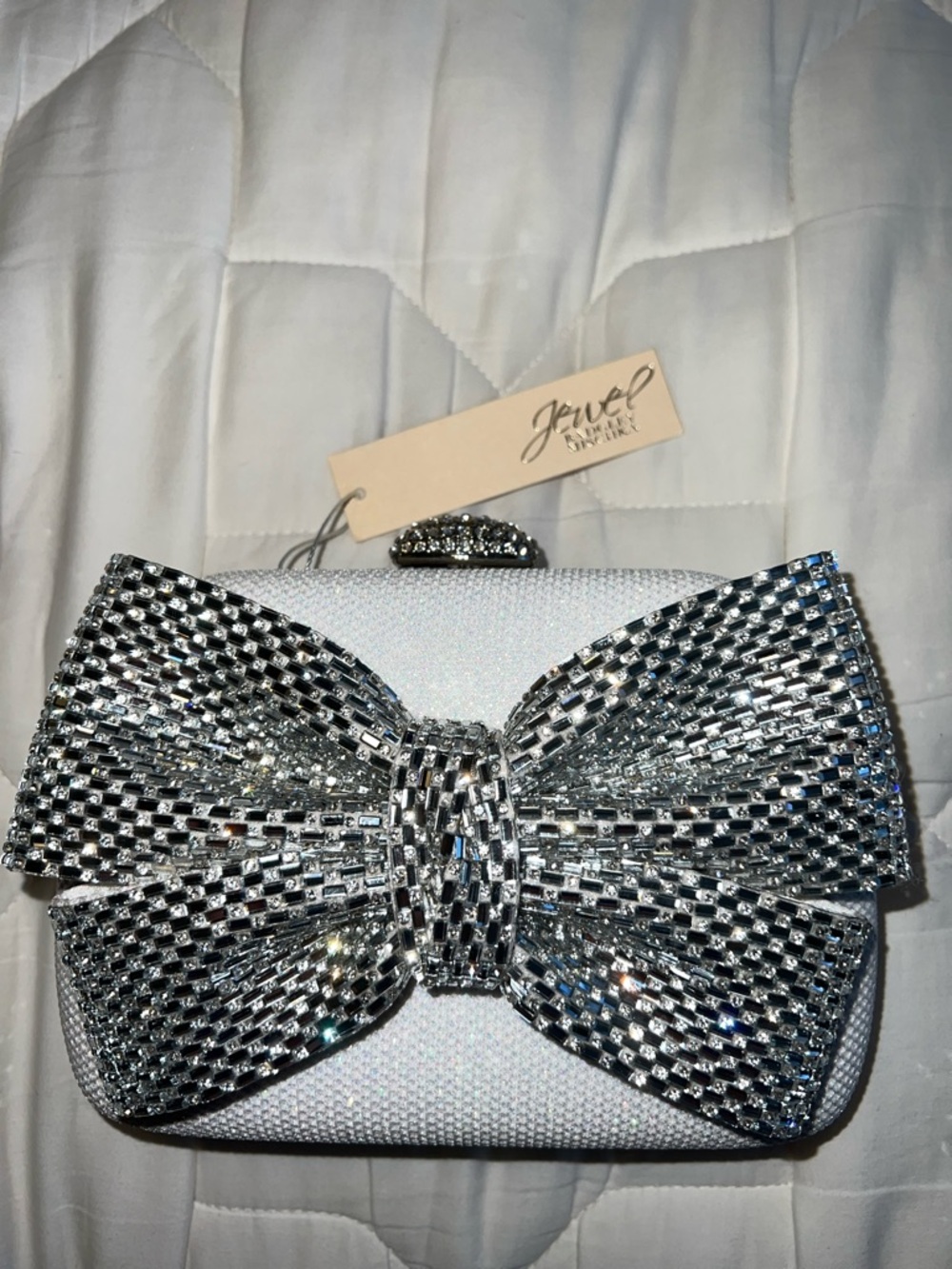 Jewel Badgley Mischka Silver Crystal Bow Minaudiere